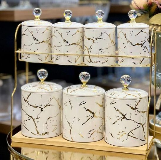 Комплект банок для сипучих продуктів з металевою підставкою 7 штук по 300/700 мл білий Yiwu HP-1215 LU-HP-1215 фото