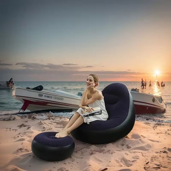 Надувний диван з пуфом Air Sofa / Надувне велюрове крісло з пуфом+насос Фіолетовий 106870 фото