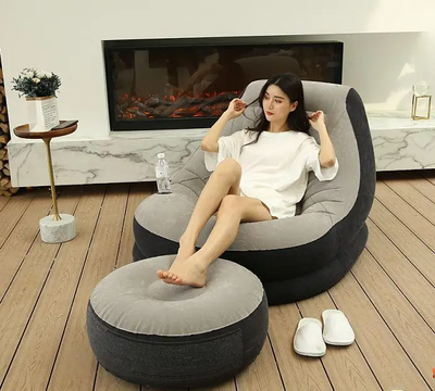 Надувний диван з пуфом Air Sofa / Надувне велюрове крісло з пуфом+насос Бежевий 106871 фото