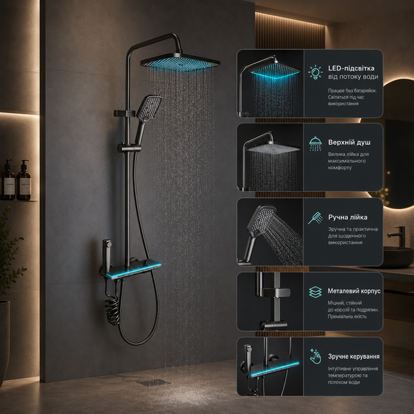 Душ/змішувач Faucet (CRH-8921 багатофункціональний з LED ГІДРОЕНЕРГЕТИКОЮ метал / Душова система з верхнім та ручним душем / Душова система для ванни 107589 фото
