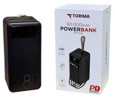 Повербанк Torima TRM-1080 22,5W / 80000 mAh, з ліхтариком, 3 кабелі / Портативний акумулятор / УМБ Power Bank 105350 фото