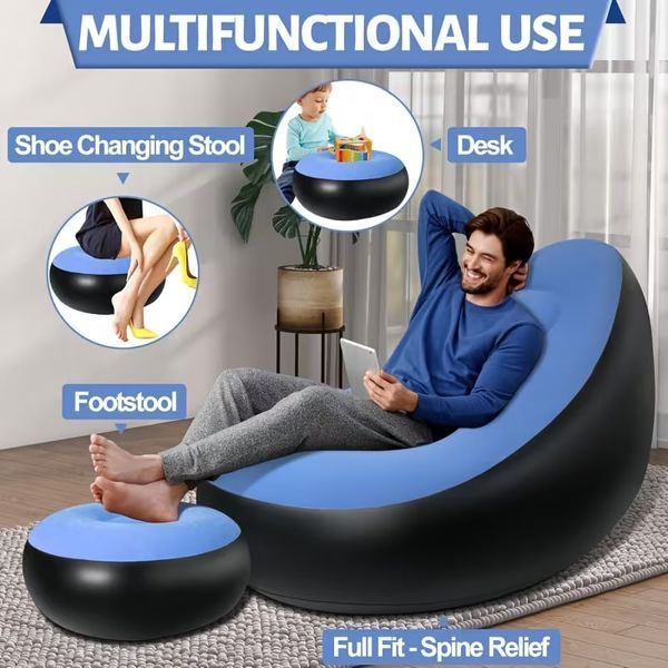 Надувний диван з пуфом Air Sofa / Надувне велюрове крісло з пуфом+насос Блакитний 106868 фото