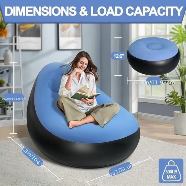 Надувний диван з пуфом Air Sofa / Надувне велюрове крісло з пуфом+насос Блакитний 106868 фото