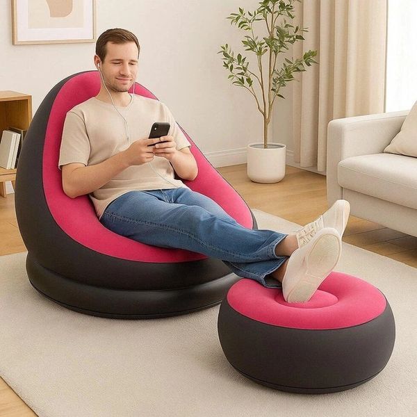 Надувний диван з пуфом Air Sofa / Надувне велюрове крісло з пуфом+насос Рожевий 106869 фото