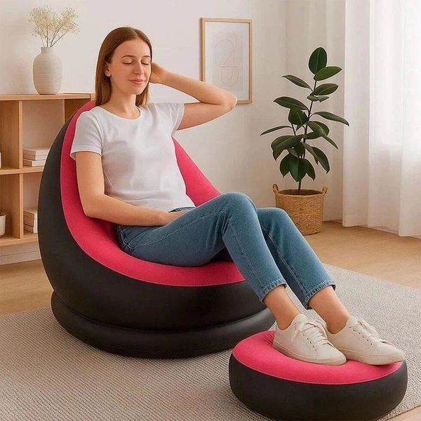 Надувний диван з пуфом Air Sofa / Надувне велюрове крісло з пуфом+насос Рожевий 106869 фото